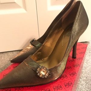 GUESS Justina Gold Satin Kitten Heels